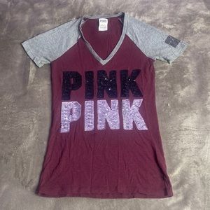 VS PINK Burgundy Sequin Jersey Short Sleeve T-Shirt, Size: XS